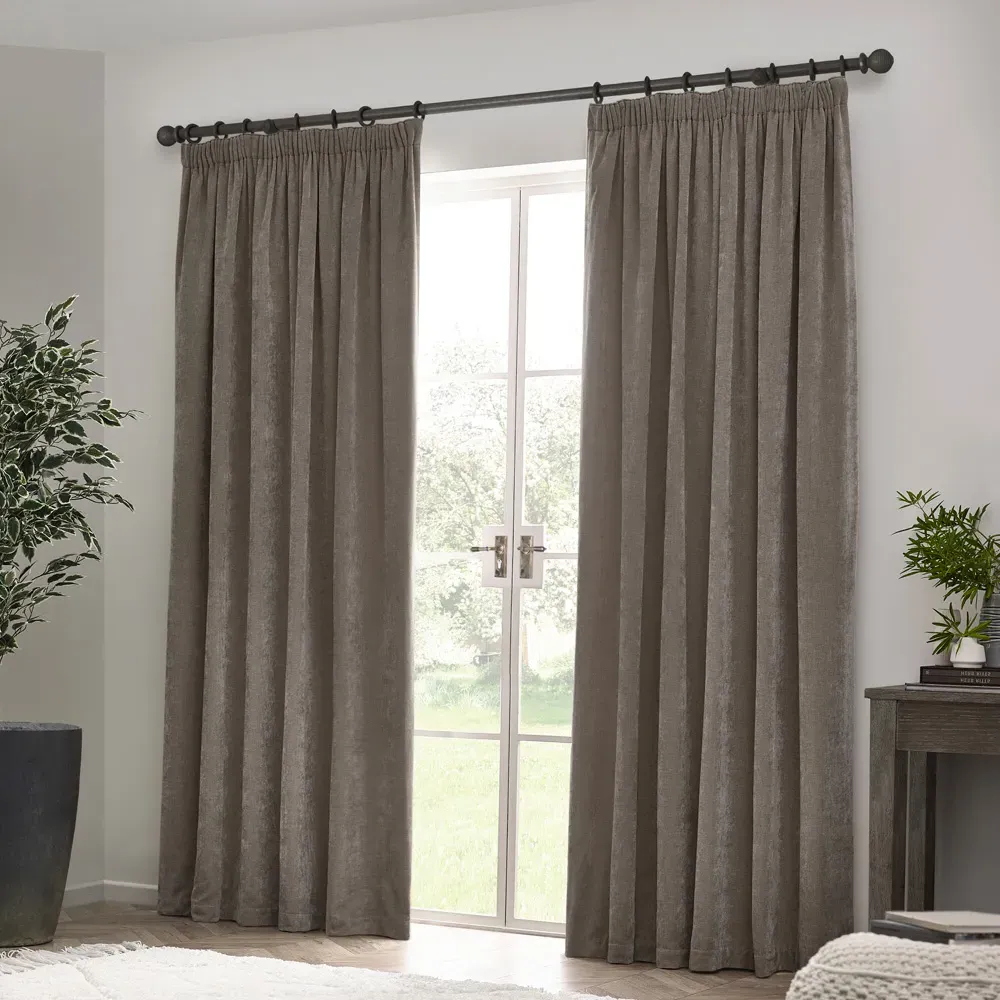 Heavy Chenille Velvet Pencil Pleat Curtains - Greige