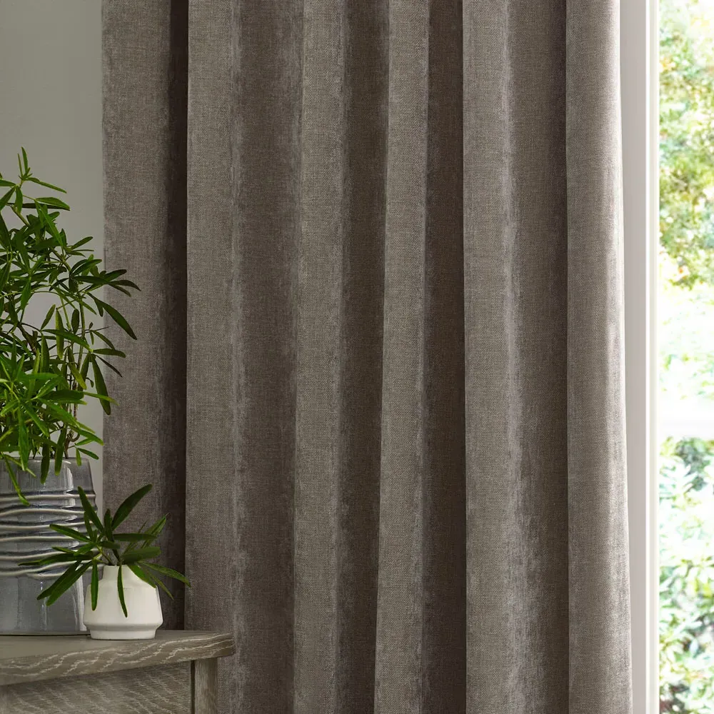 Heavy Chenille Velvet Pencil Pleat Curtains - Greige