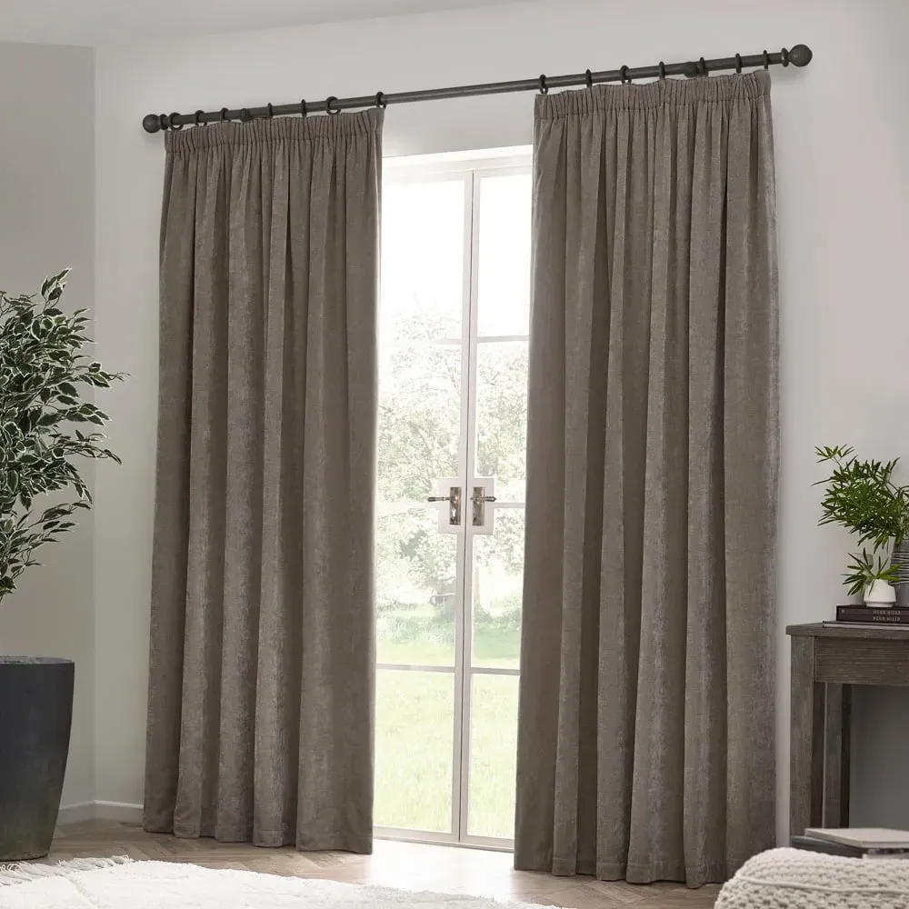 Heavy Chenille Velvet Pencil Pleat Curtains - Greige