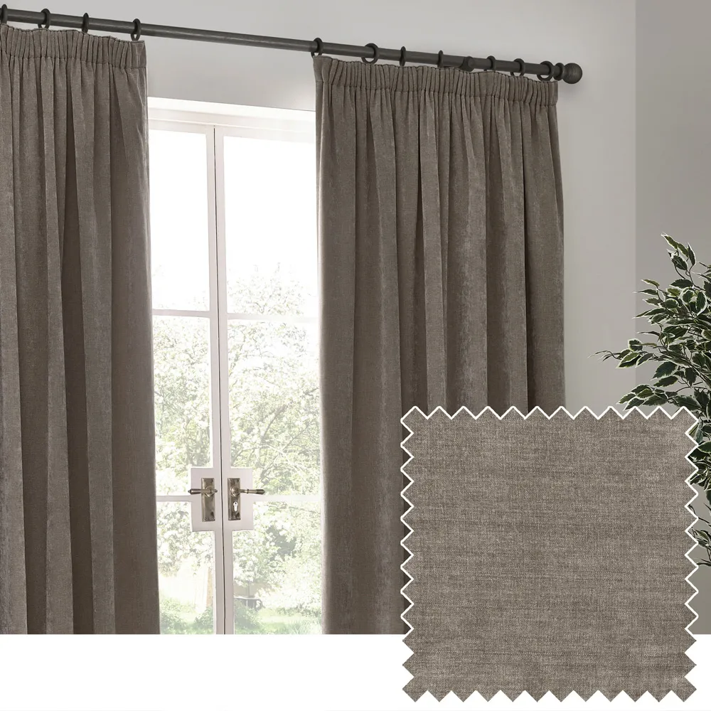 Heavy Chenille Velvet Pencil Pleat Curtains - Greige