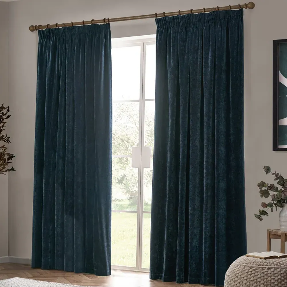 Heavy Chenille Velvet Pencil Pleat Curtains - Navy image