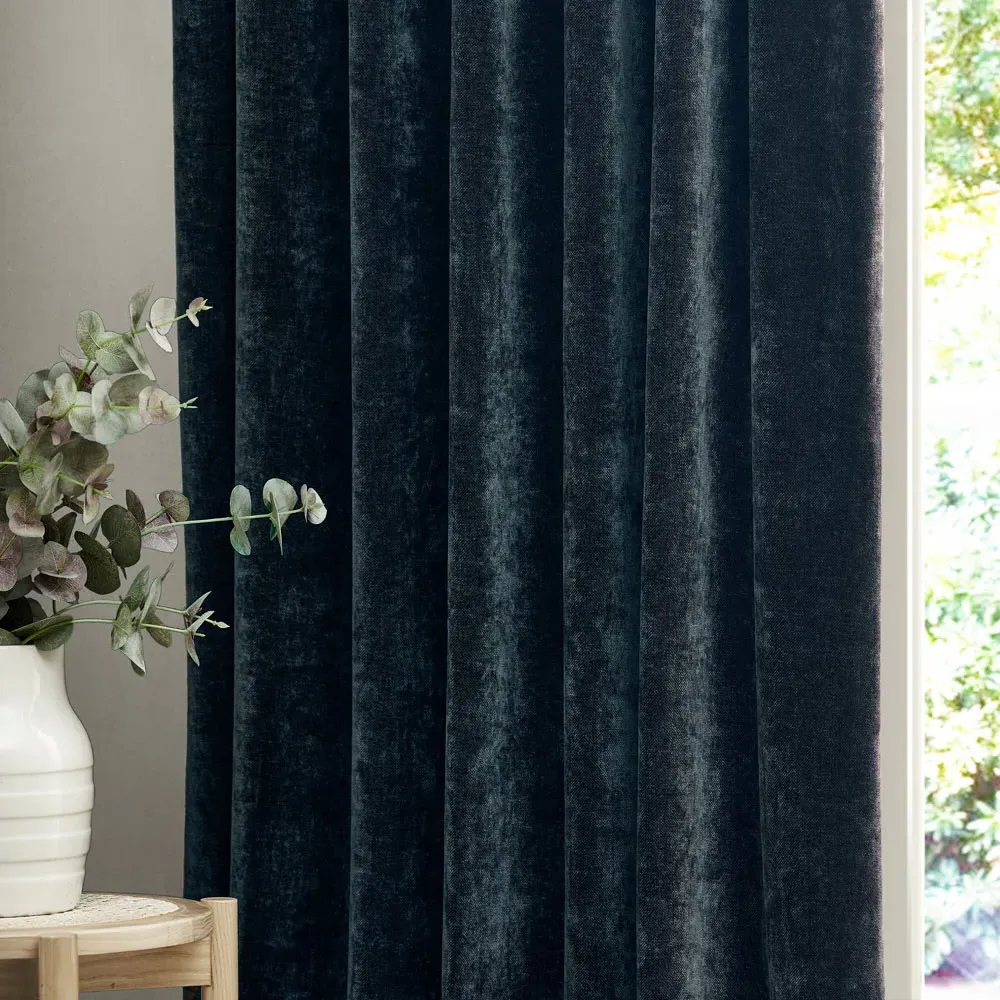 Heavy Chenille Velvet Pencil Pleat Curtains - Navy