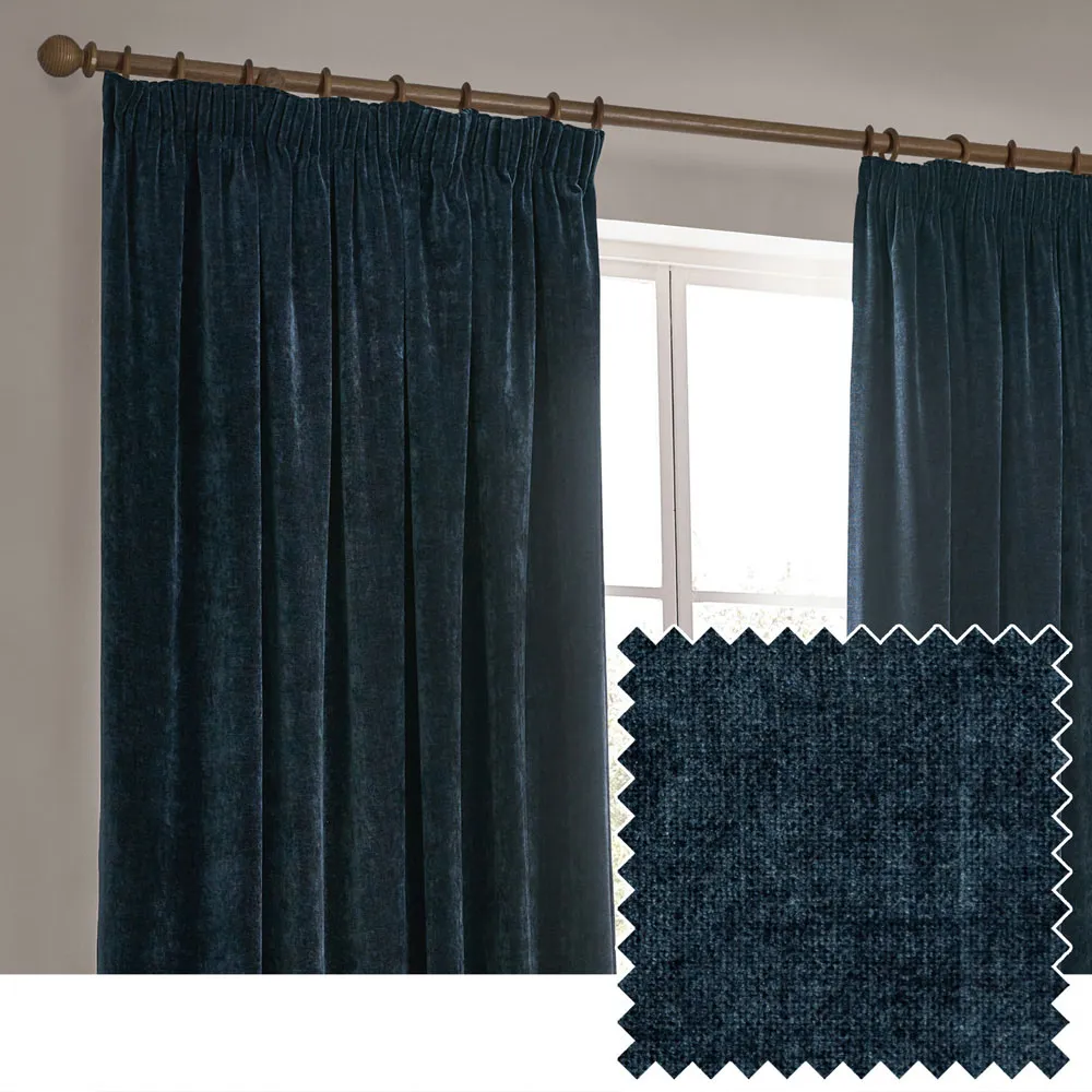 Heavy Chenille Velvet Pencil Pleat Curtains - Navy