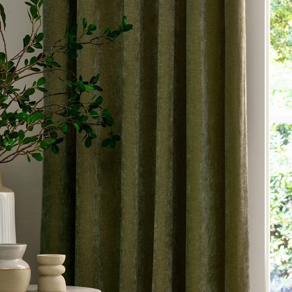 Heavy Chenille Velvet Pencil Pleat Curtains - Olive