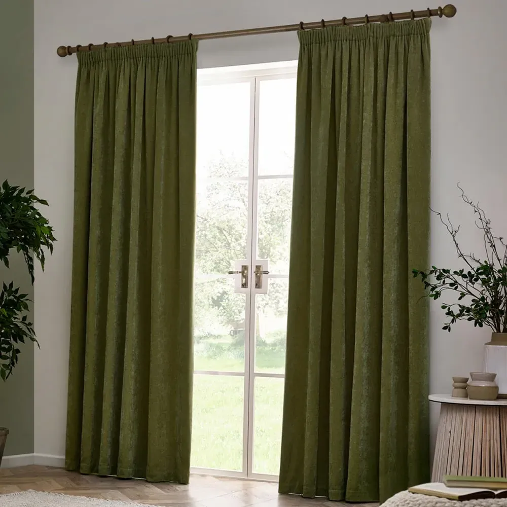 Heavy Chenille Velvet Pencil Pleat Curtains - Olive