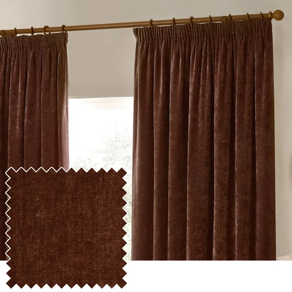Heavy Nutmeg Chenille Velvet Pencil Pleat Curtains - Red
