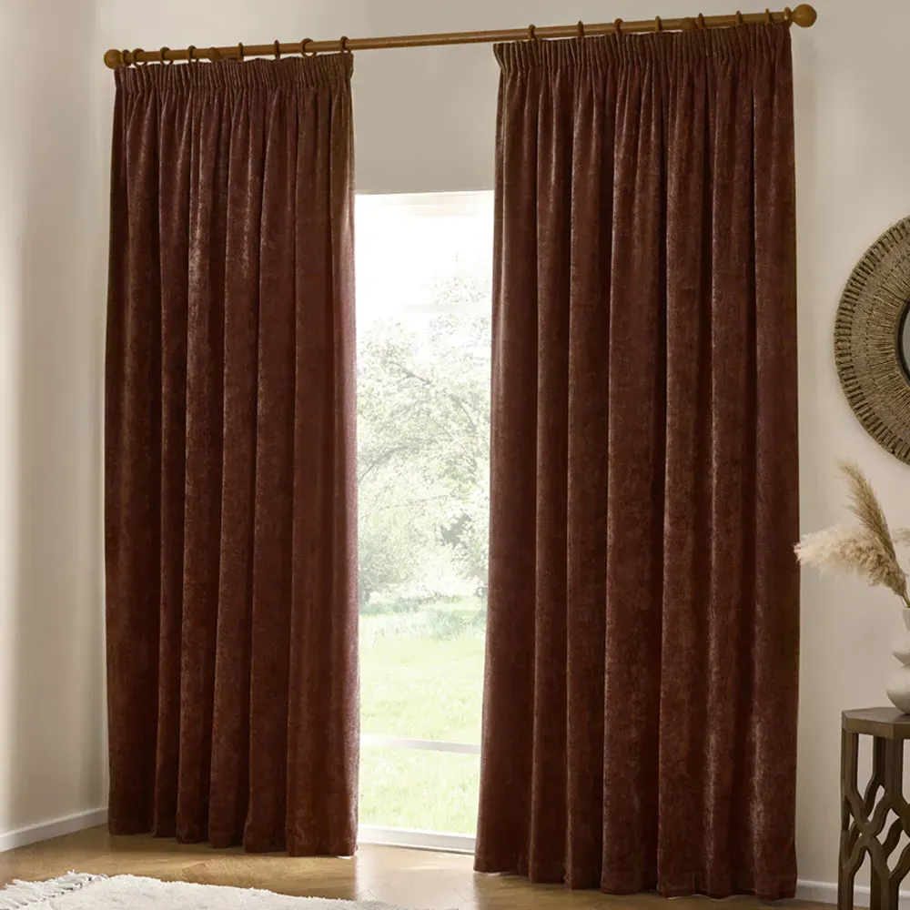 Heavy Nutmeg Chenille Velvet Pencil Pleat Curtains - Red image