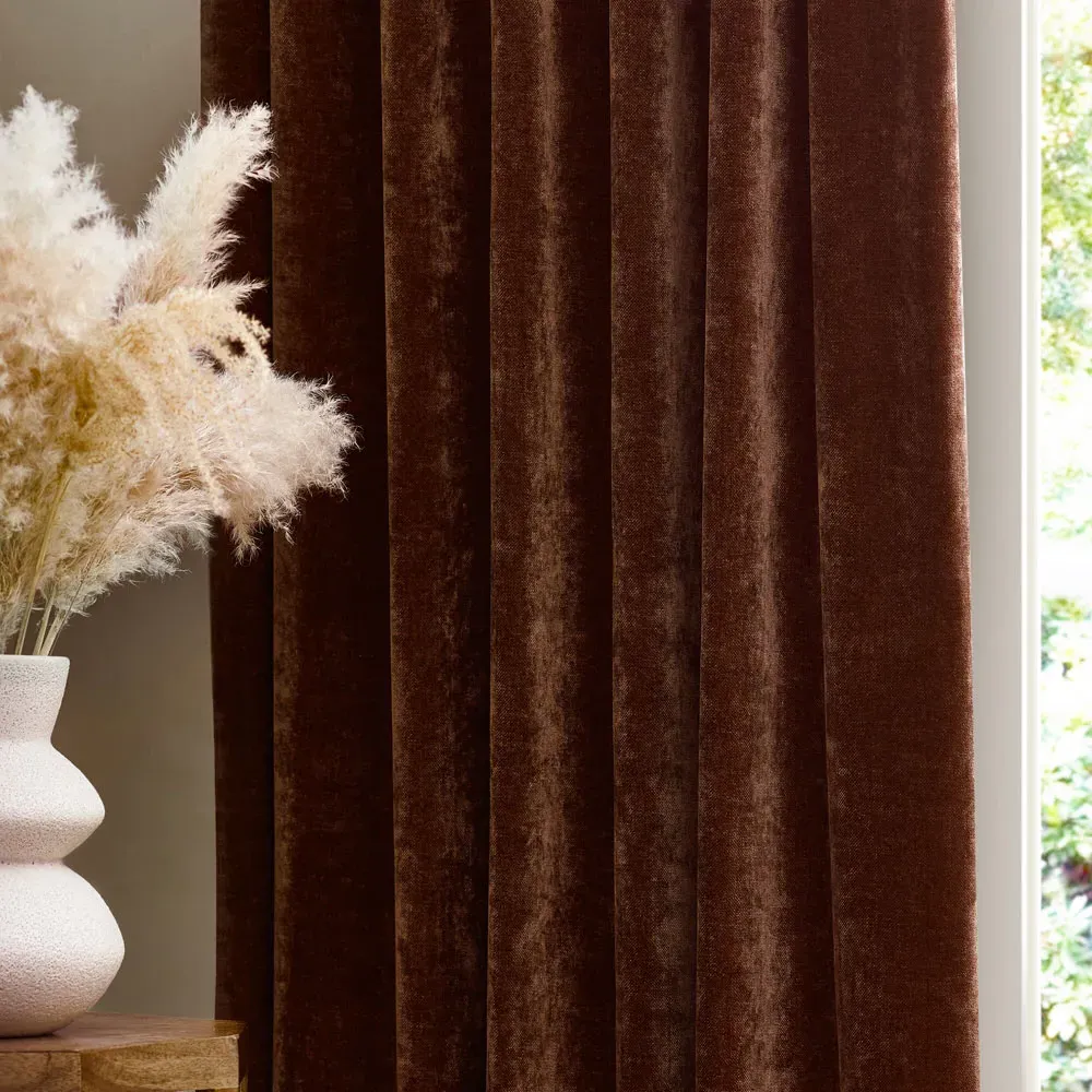 Heavy Nutmeg Chenille Velvet Pencil Pleat Curtains - Red