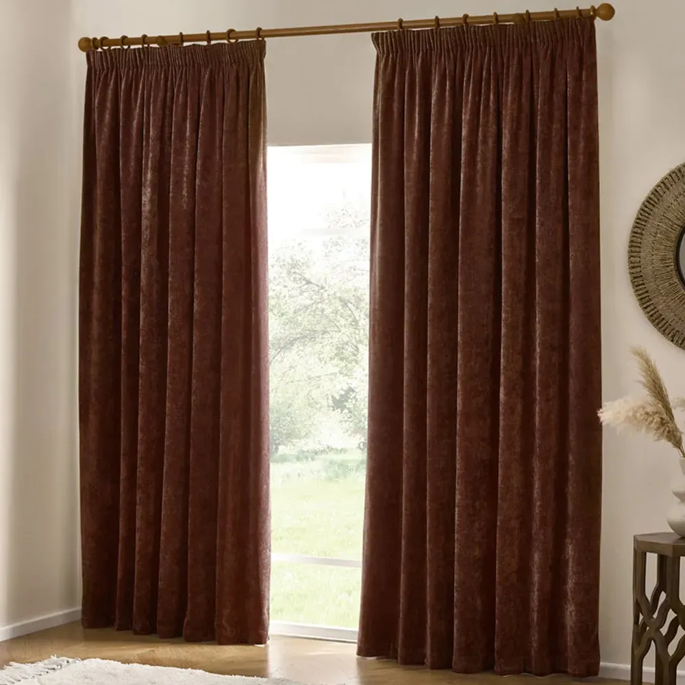 Heavy Nutmeg Chenille Velvet Pencil Pleat Curtains - Red