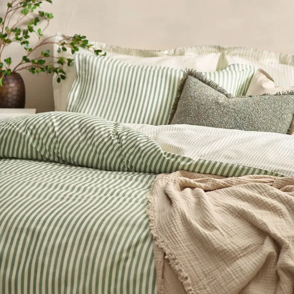 Hebden Double Melange Stripe Duvet Set - Green, Cotton