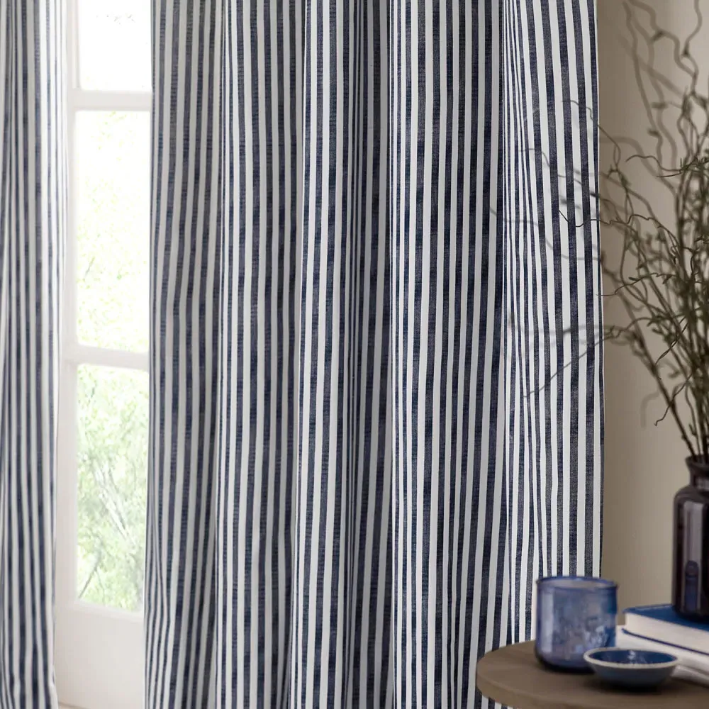Hebden Striped Eyelet Curtains - Blue, Cotton