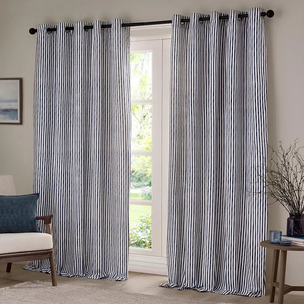Hebden Striped Eyelet Curtains - Blue, Cotton