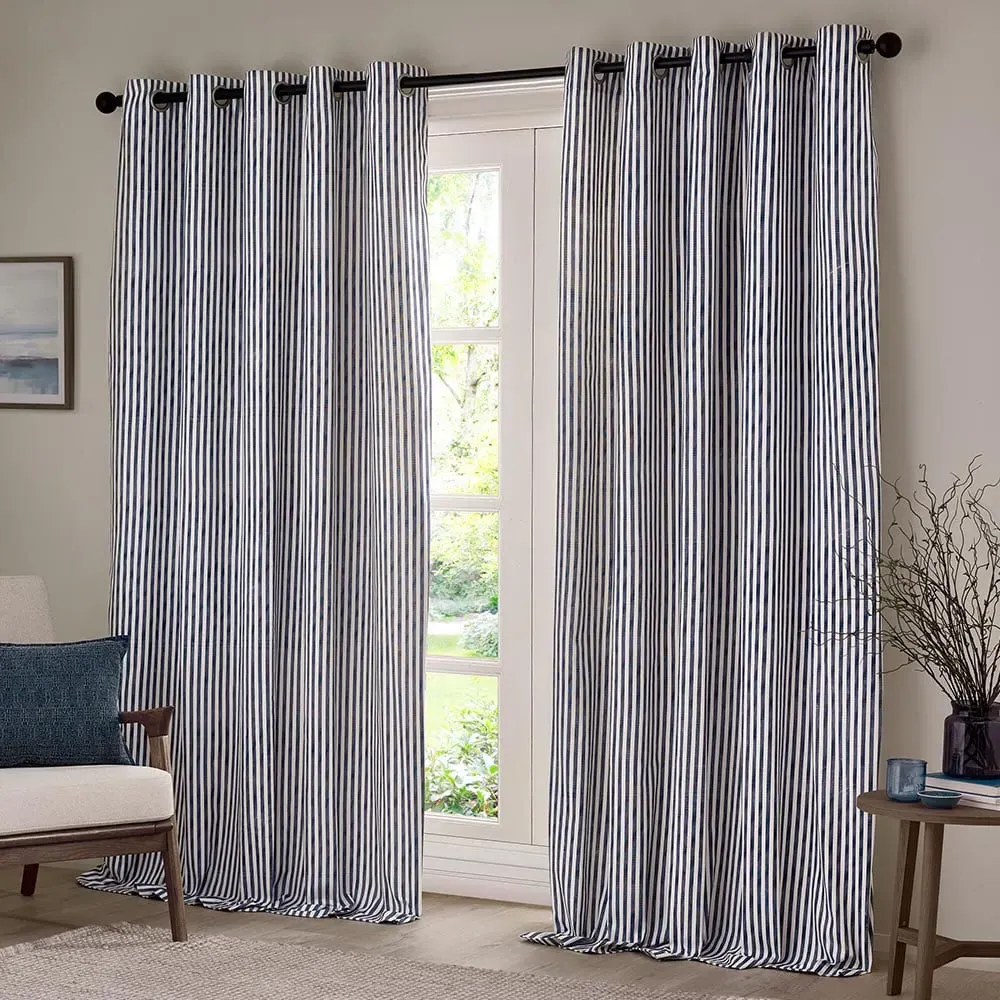 Hebden Striped Eyelet Curtains - Blue, Cotton