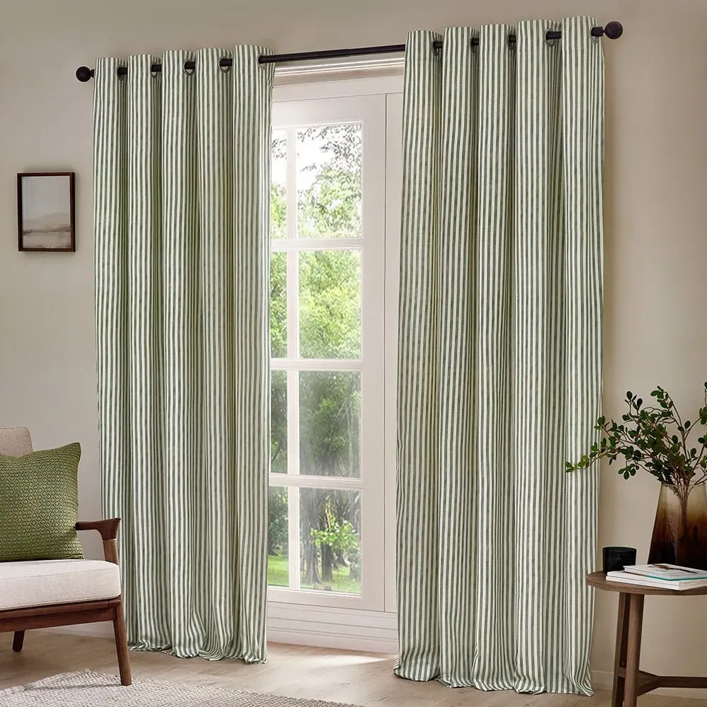 Hebden Striped Eyelet Curtains - Green, Cotton image