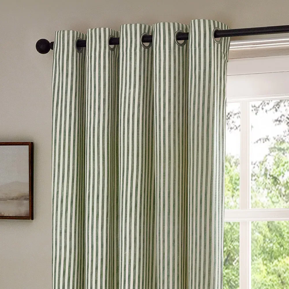 Hebden Striped Eyelet Curtains - Green, Cotton
