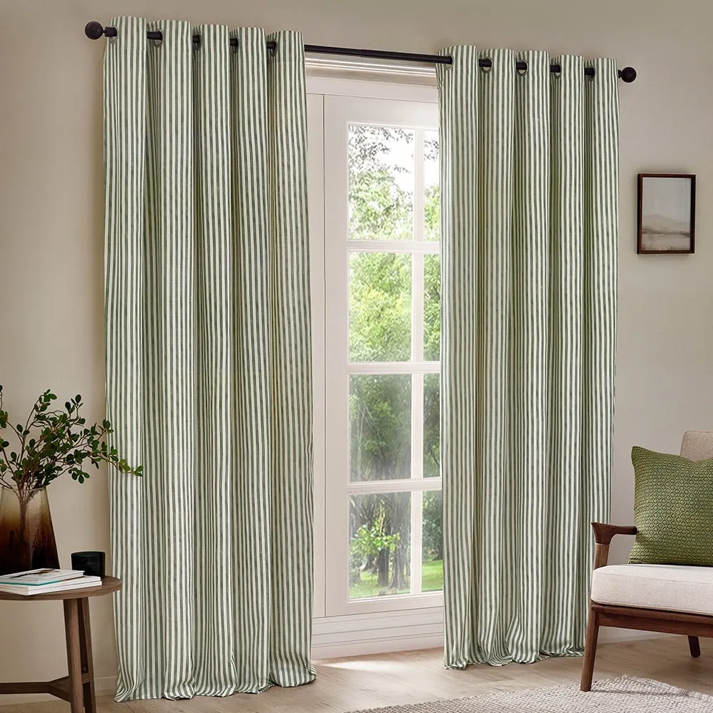 Hebden Striped Eyelet Curtains - Green, Cotton