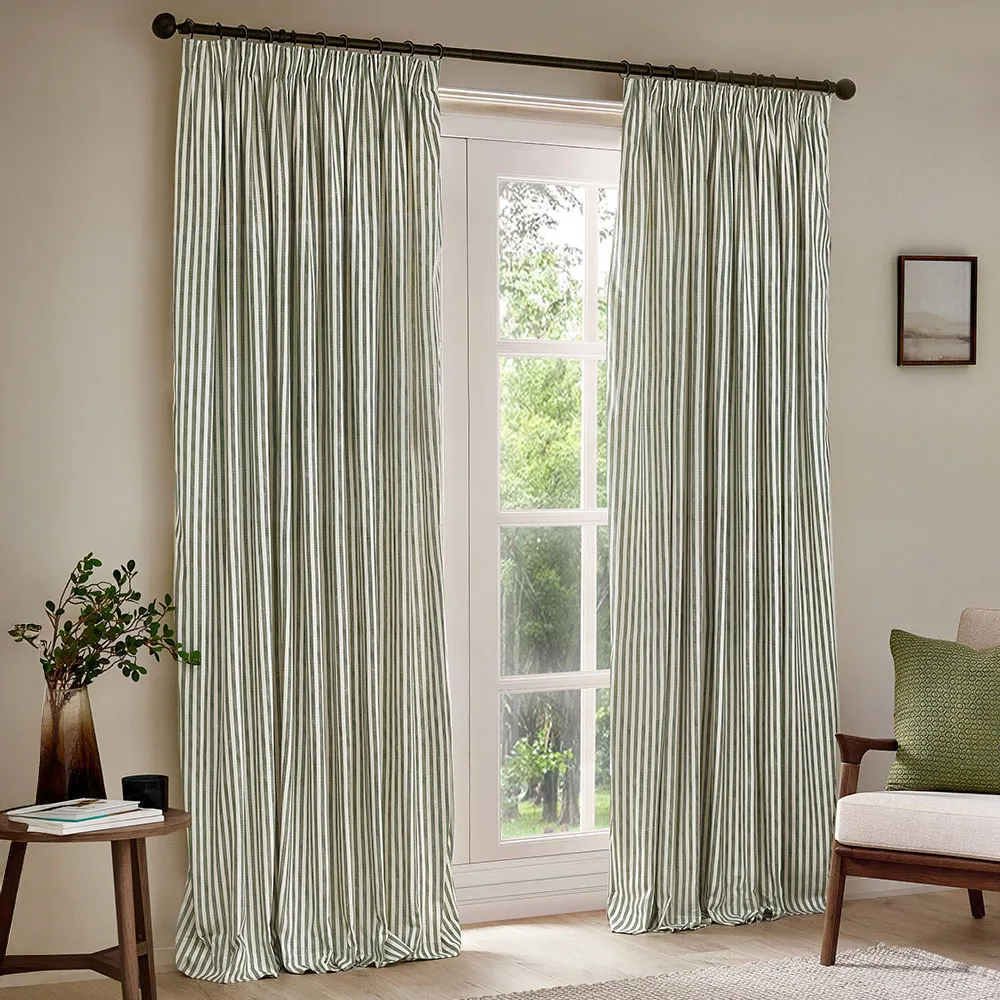 Hebden Striped Pencil Pleat Curtains - Green, Cotton