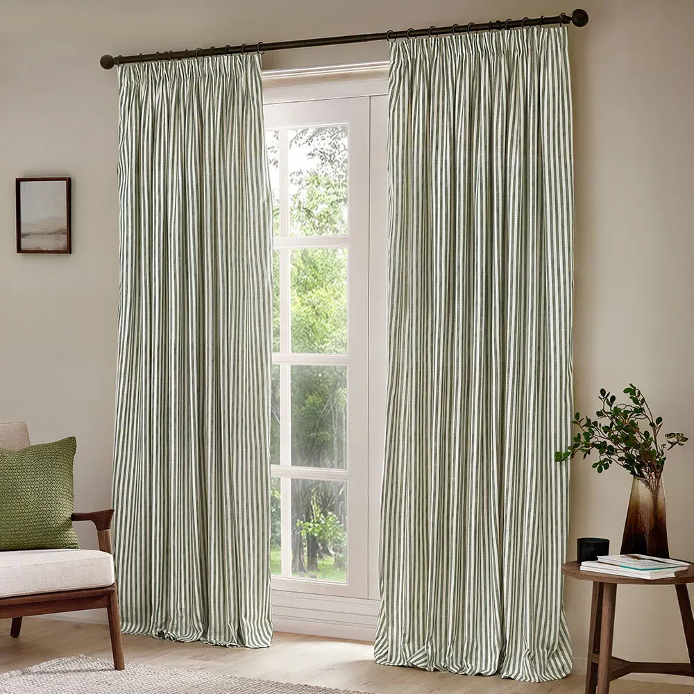 Hebden Striped Pencil Pleat Curtains - Green, Cotton