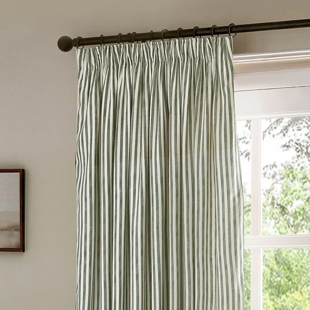 Hebden Striped Pencil Pleat Curtains - Green, Cotton