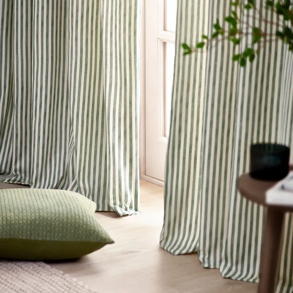 Hebden Striped Pencil Pleat Curtains - Green, Cotton