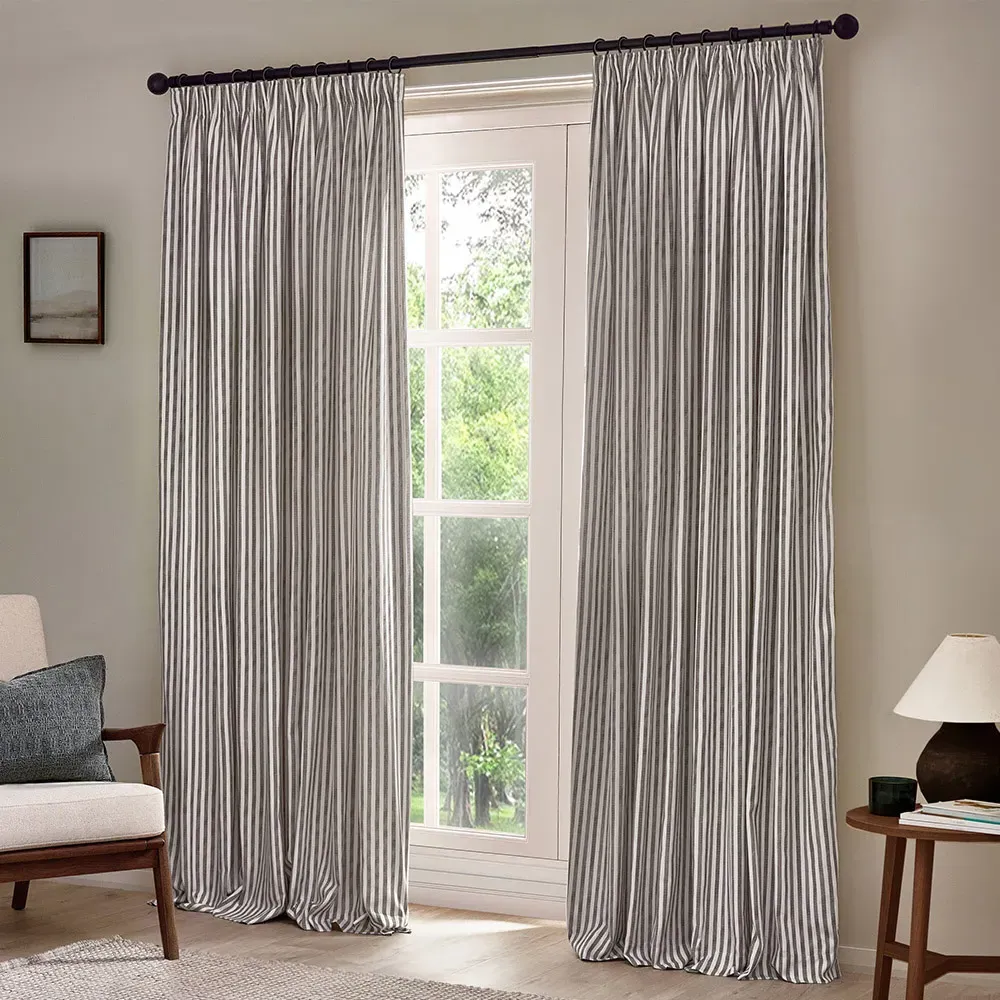 Hebden Striped Pencil Pleat Curtains - Grey, Cotton