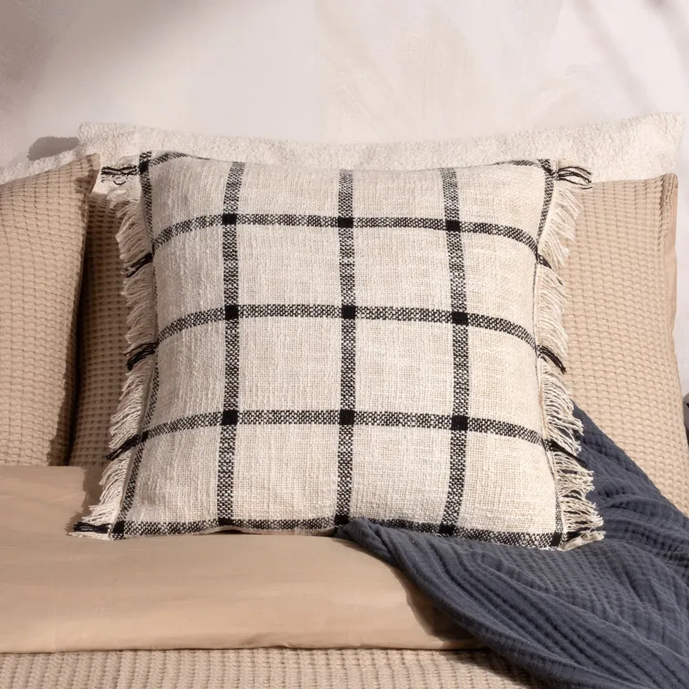 Beni Check Fringed Cushion - Black, Cotton