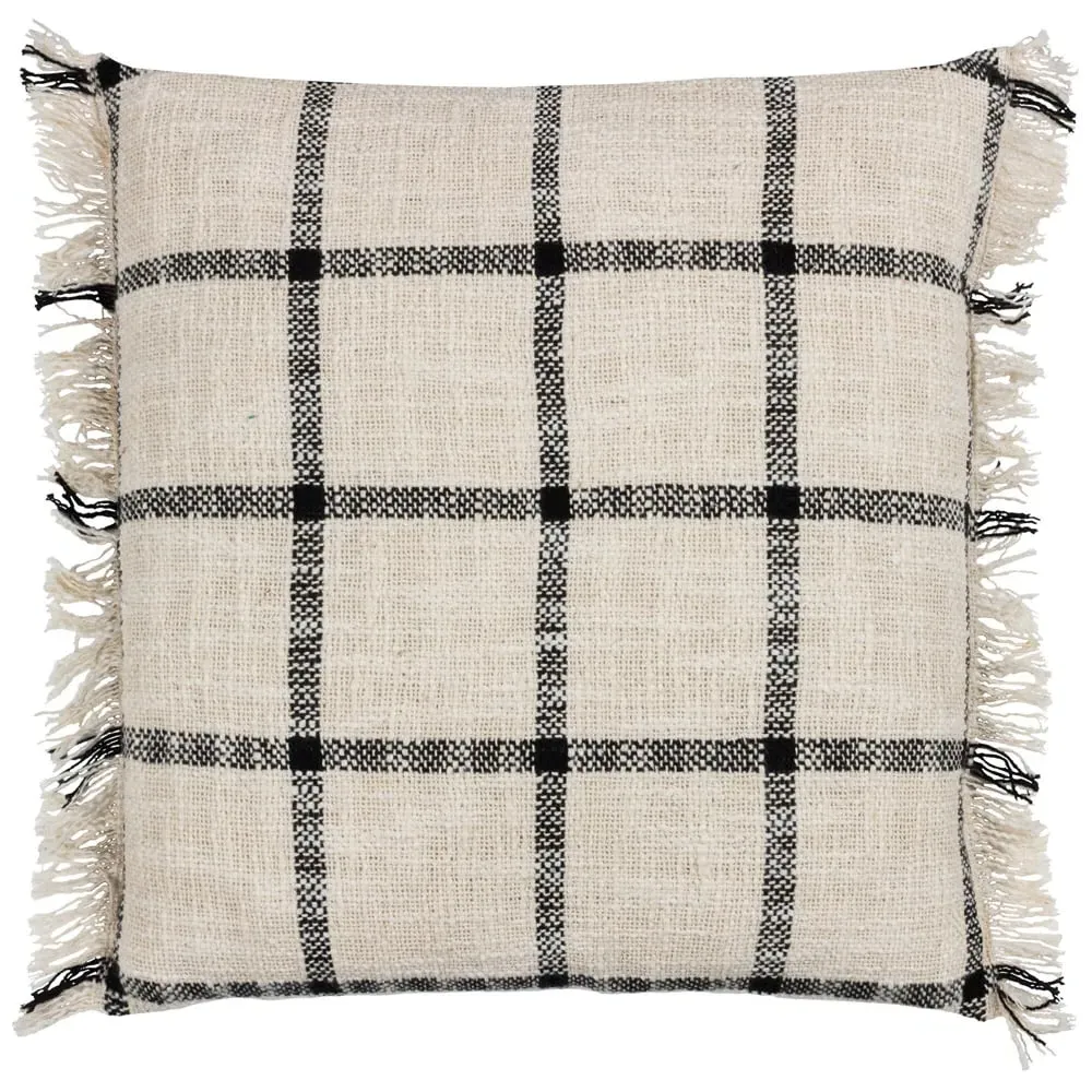 Beni Check Fringed Cushion - Black, Cotton image
