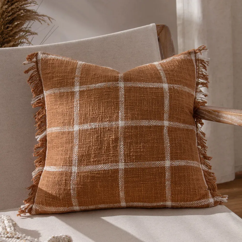 Beni Check Fringed Cushion - Ginger, Cotton