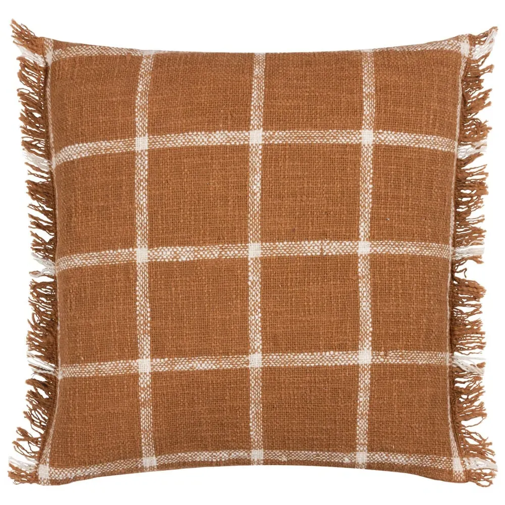 Beni Check Fringed Cushion - Ginger, Cotton
