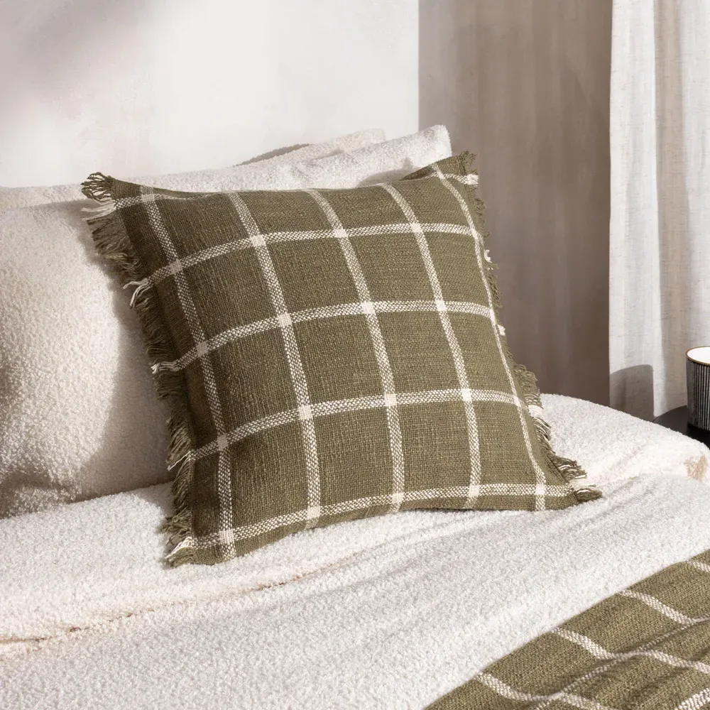 Beni Check Fringed Cushion - Moss, Cotton