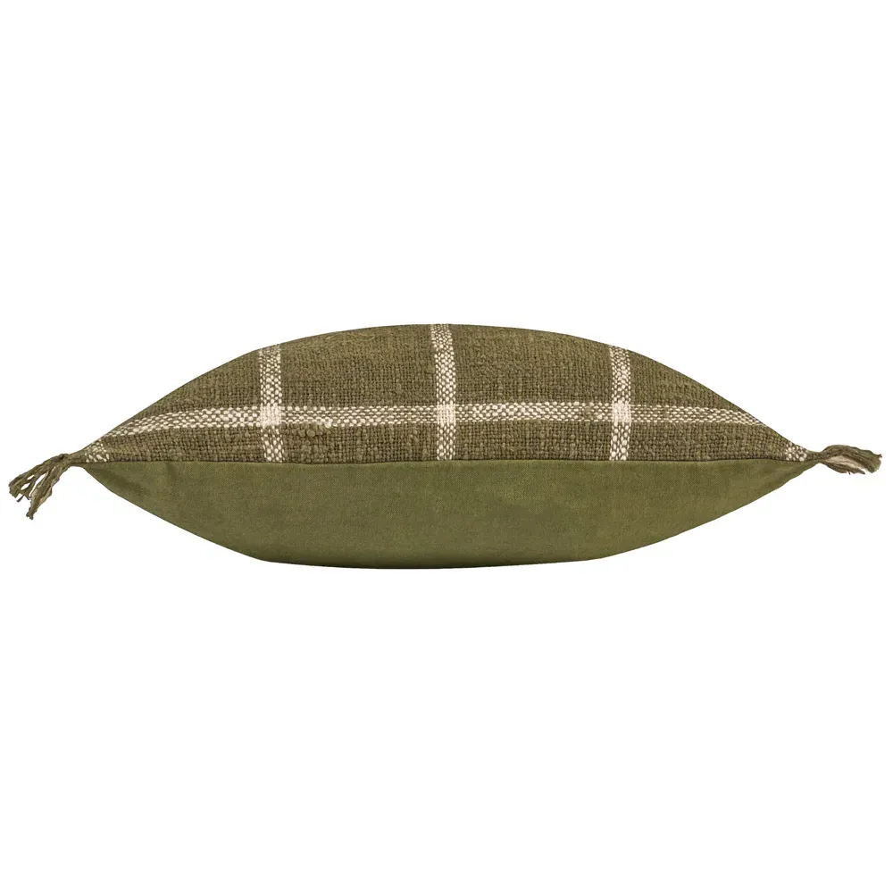 Beni Check Fringed Cushion - Moss, Cotton