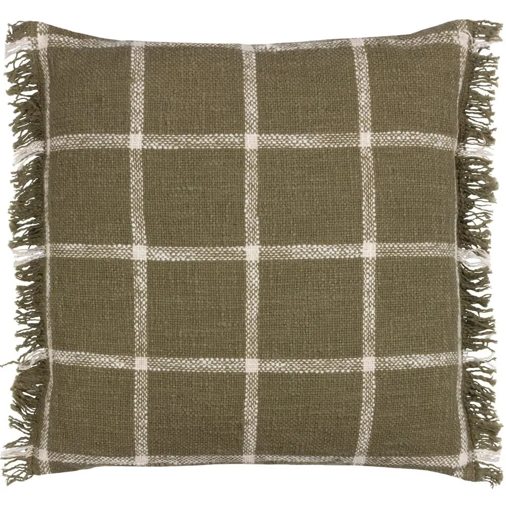 Beni Check Fringed Cushion - Moss, Cotton