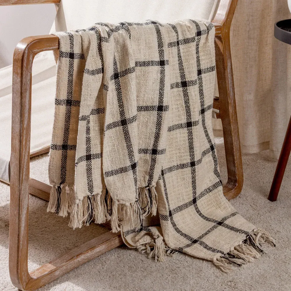 Beni Checked Fringed Throw - Black, Cotton