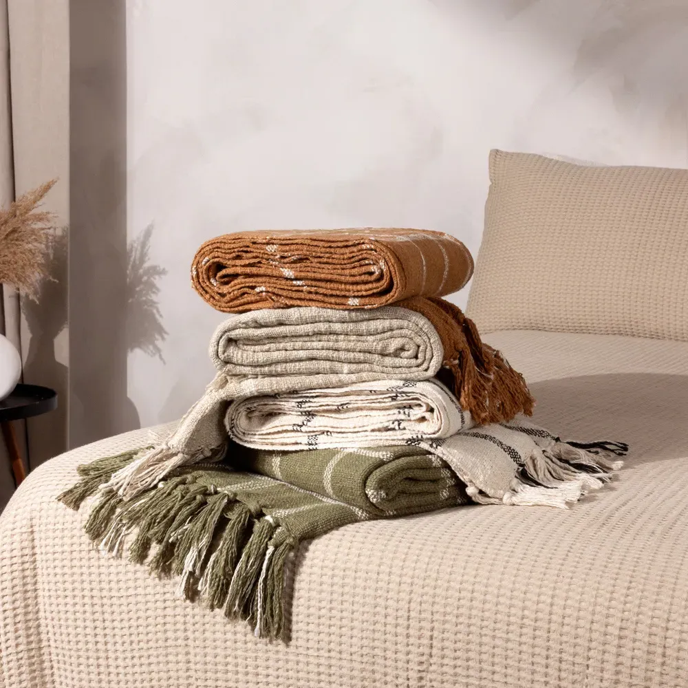 Beni Checked Fringed Throw - Black, Cotton