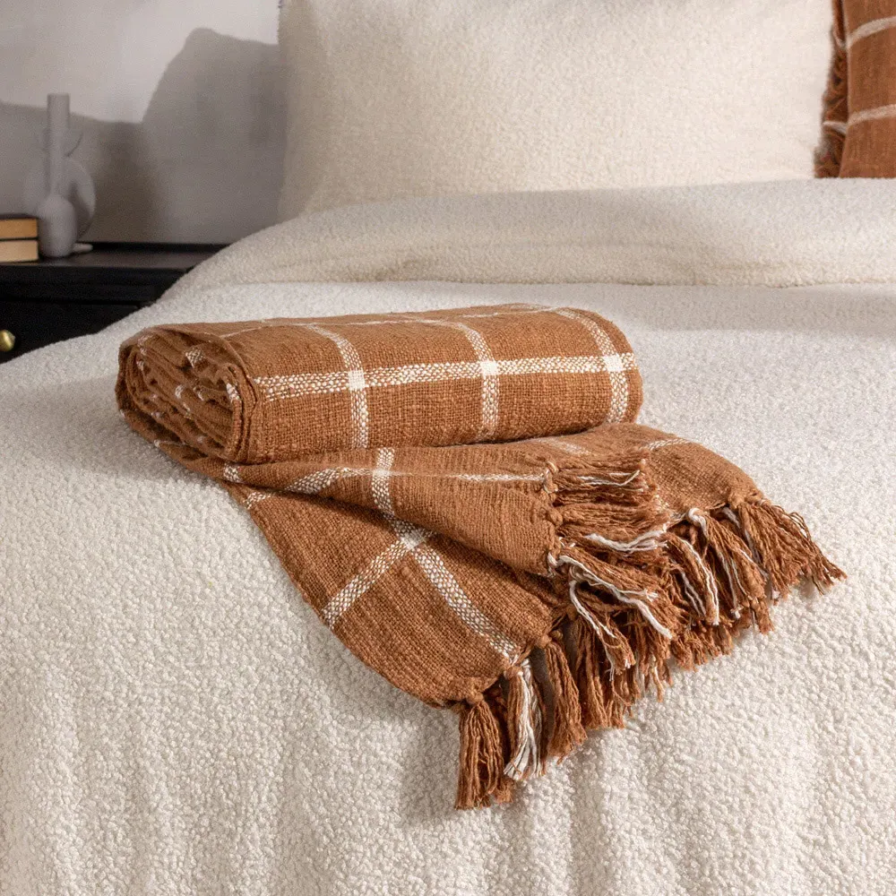 Beni Checked Fringed Throw - Ginger, Cotton