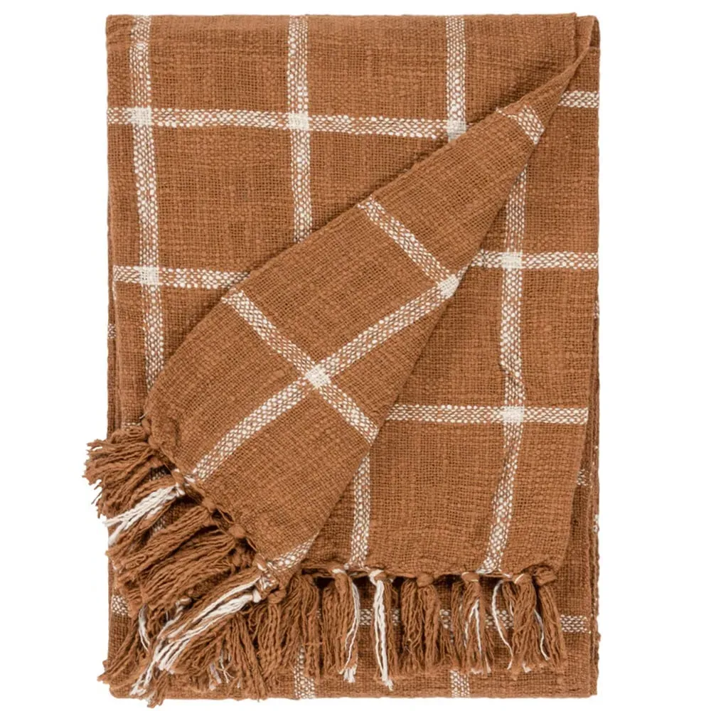 Beni Checked Fringed Throw - Ginger, Cotton