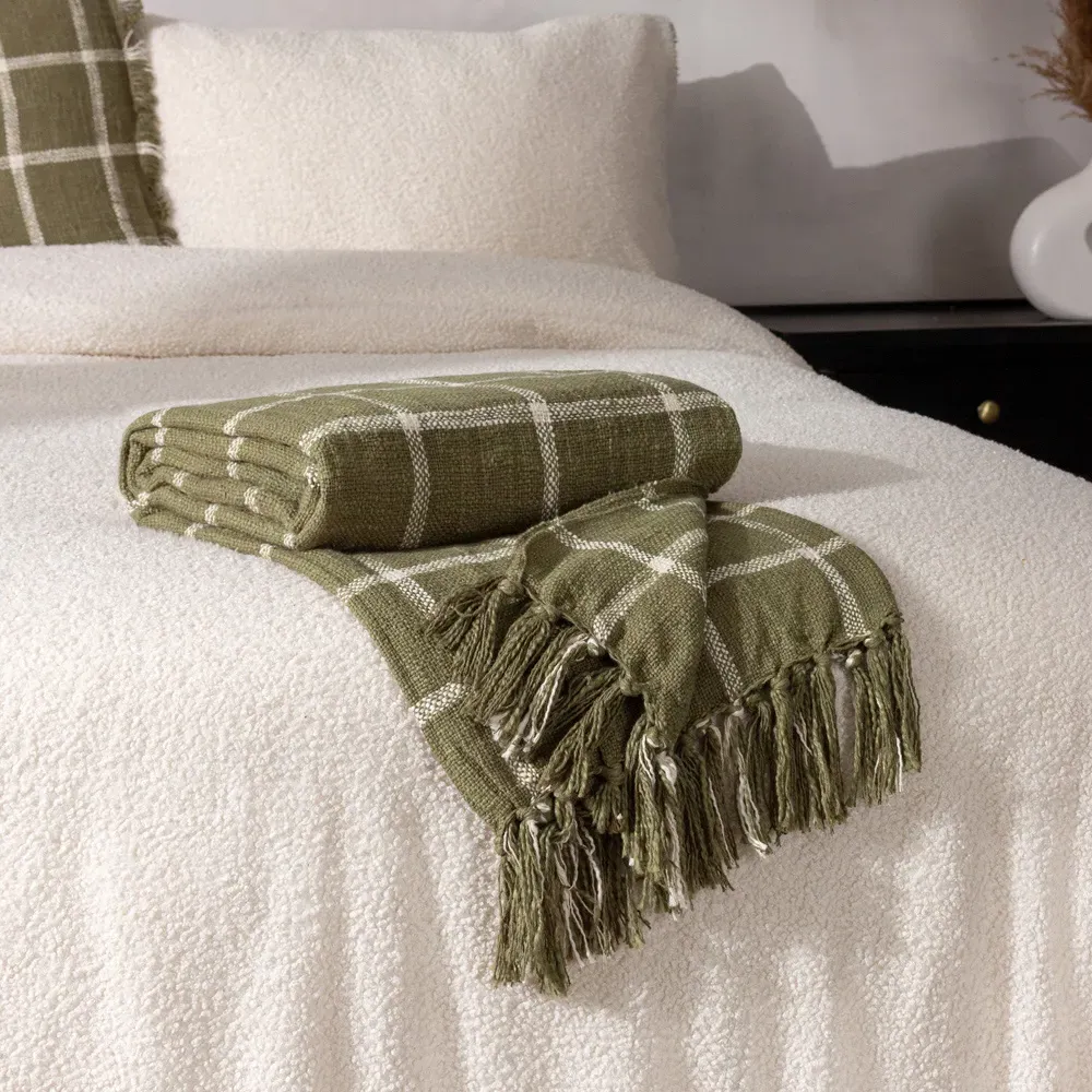 Beni Checked Fringed Throw - Moss Green, Cotton