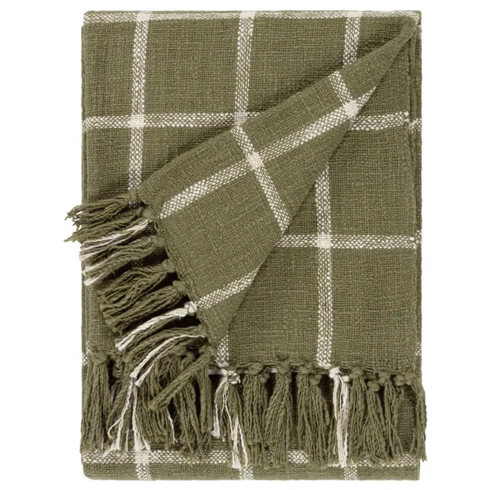 Beni Checked Fringed Throw - Moss Green, Cotton