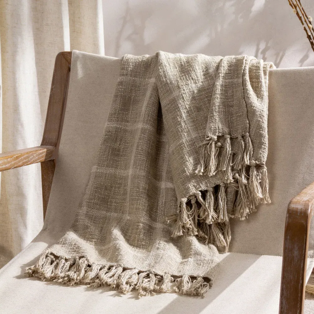 Beni Checked Fringed Throw - Stone, Cotton