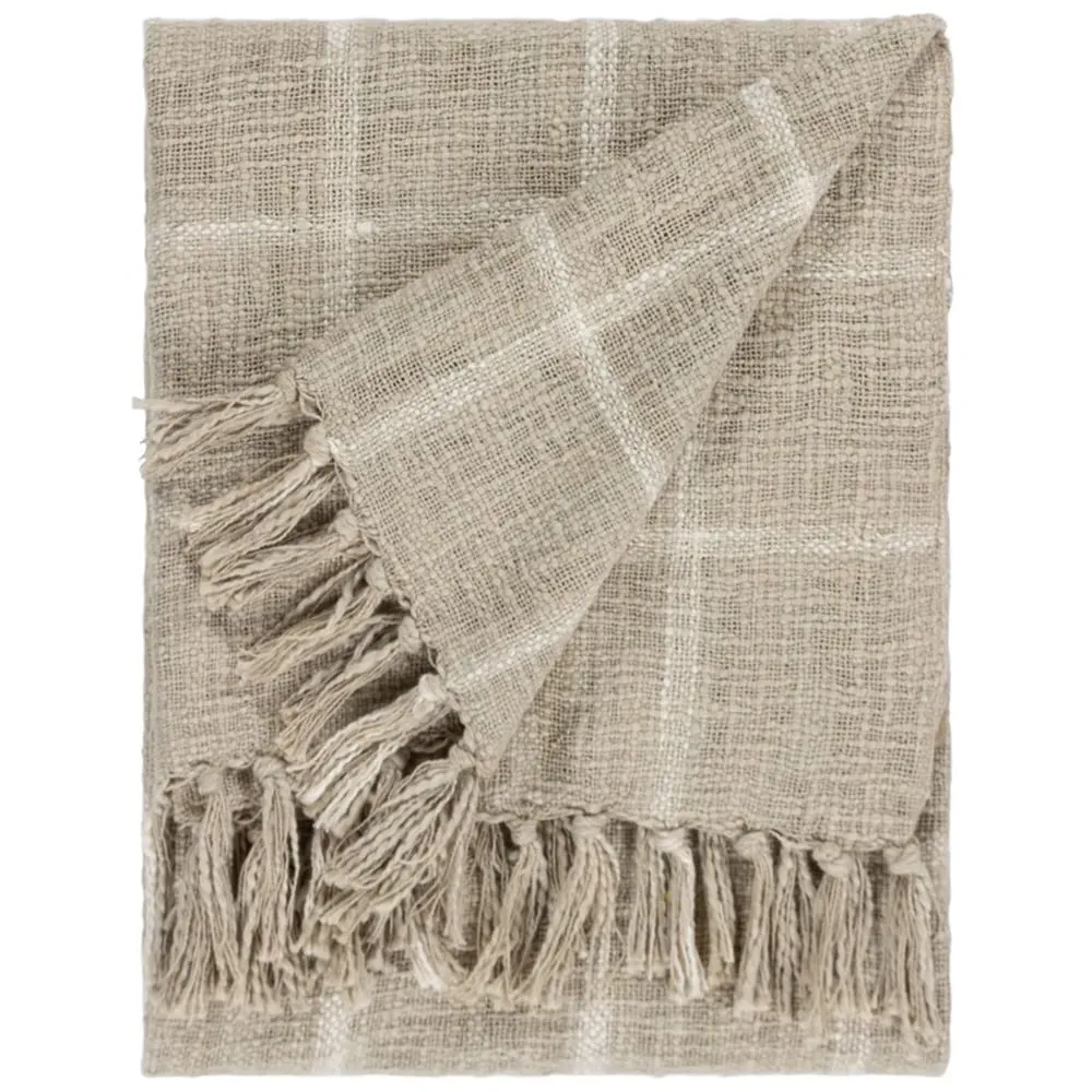Beni Checked Fringed Throw - Stone, Cotton