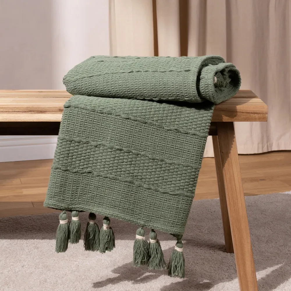 Caliche Woven Tasselled Throw - Khaki Green