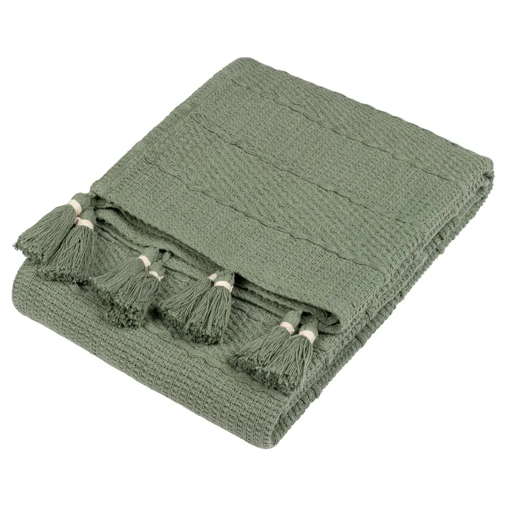 Caliche Woven Tasselled Throw - Khaki Green