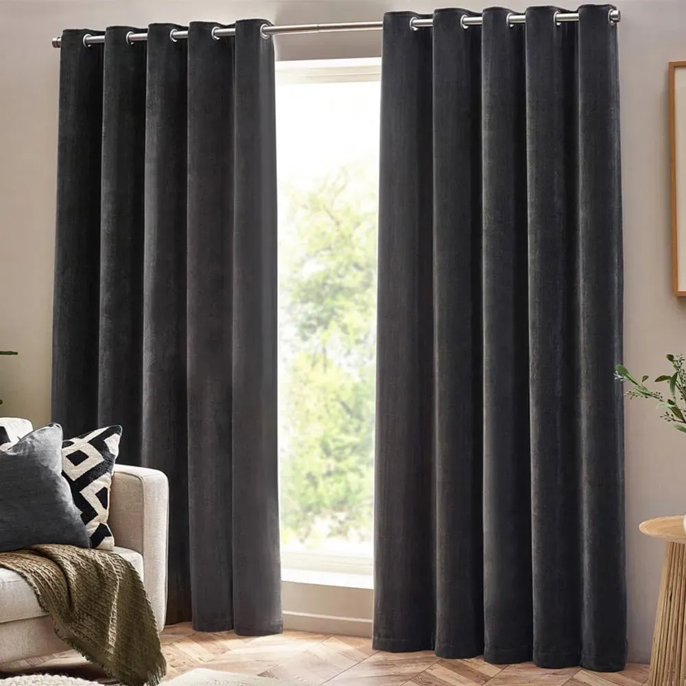 Charcoal Heavy Chenille Velvet Eyelet Curtain - Grey image