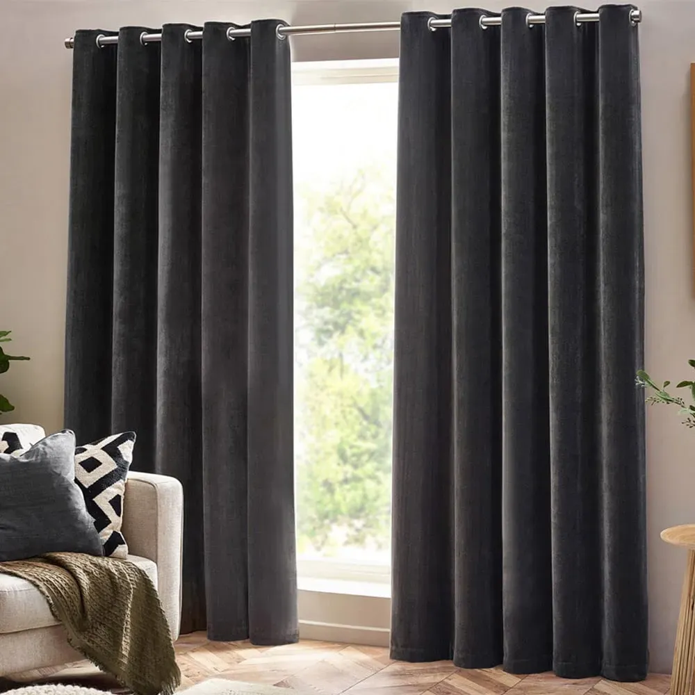 Charcoal Heavy Chenille Velvet Eyelet Curtain - Grey