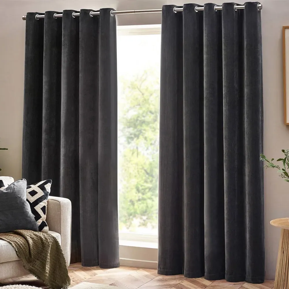 Charcoal Heavy Chenille Velvet Eyelet Curtain - Grey