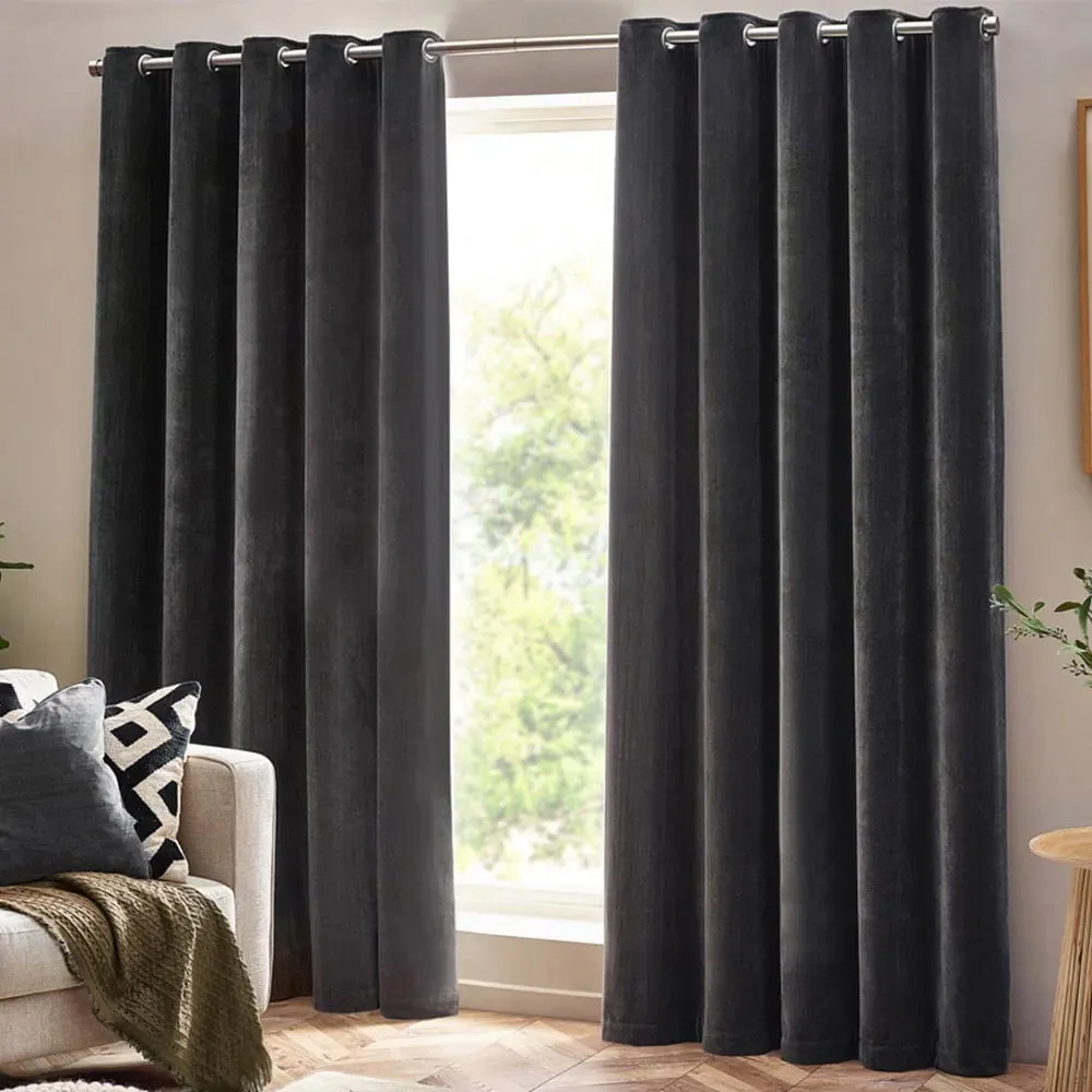 Charcoal Heavy Chenille Velvet Eyelet Curtain - Grey