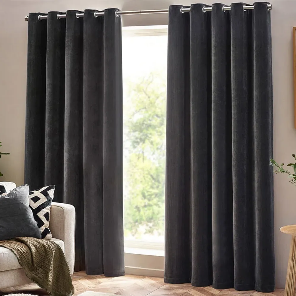 Charcoal Heavy Chenille Velvet Eyelet Curtain - Grey
