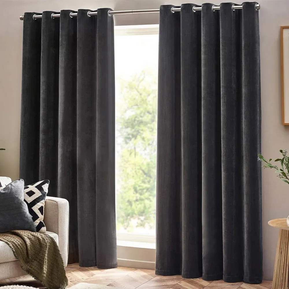 Charcoal Heavy Chenille Velvet Eyelet Curtain - Grey