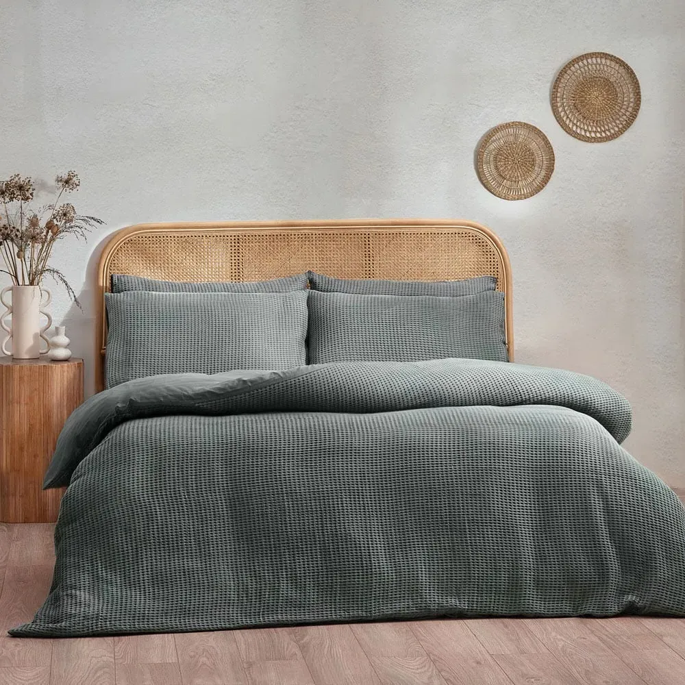 Double Chunky Waffle Duvet Set - Grey, Cotton
