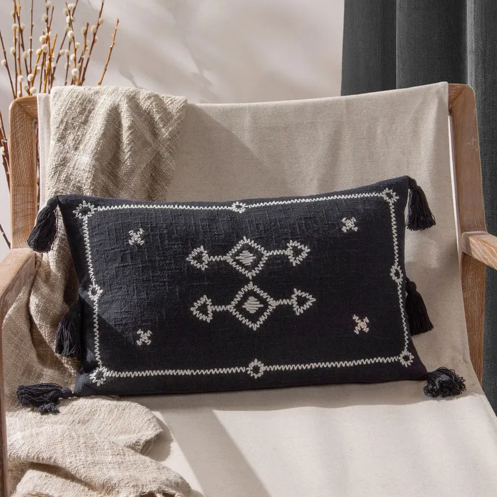 Folis Embroidered Cushion - Black, Cotton